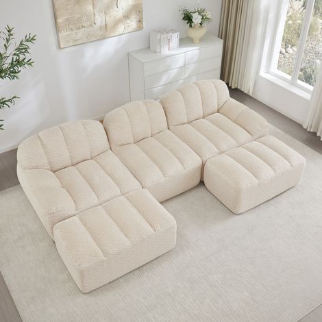 Canapé modulable en U beige blanc en polaire texturée, mousse 32D (1/5)