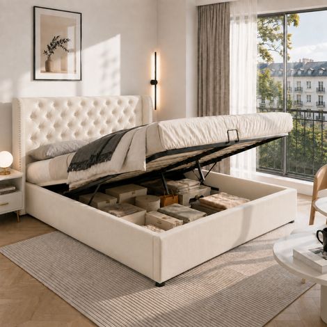 Pour deux personnes, ouverture facile du lit coffre 140x200, tête de lit haute 99 cm en velours gris (1/5)