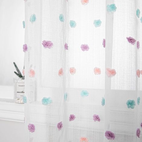 2 Pièces Rideau, Voile avec œillet, Design pom-pon brodé, Semi-transparent, Pour chambre enfant et salon (1/5)