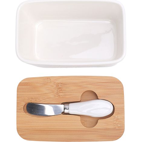 Contenitore in ceramica da 500 ml con coperchio in legno, ermetico, ideale per burro, torte, biscotti, per conservare e preservare alimenti.