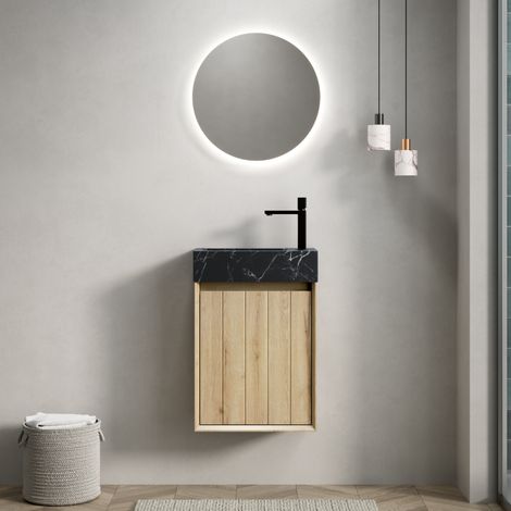 Mobile bagno sospeso 40 cm con lavabo in marmo nero e mobile effetto legno chiaro (1/5)