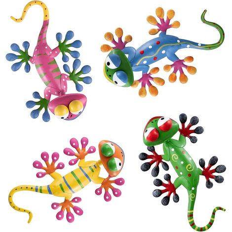 Gecko-Metall-Wanddekoration für den Außenbereich, Set mit 4 schwingenden Echsen-Skulpturen und -Statuen