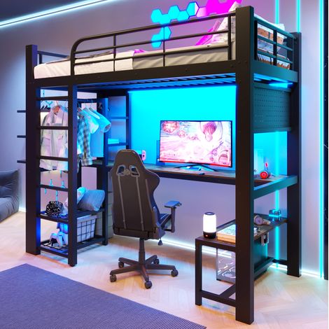 Lit mezzanine 90x200 cm en métal noir avec LED, bureau bois, étagères et barre de rangement (1/5)