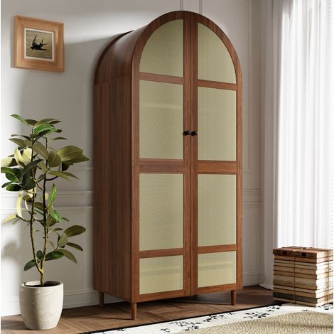 Armario de 80x50x179 cm con cajón y barra para colgar ropa, puertas de ratán, patas robustas, MDF color nogal. (1/5)