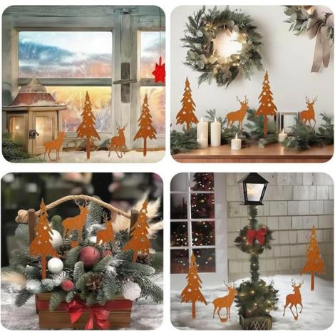 Lot de 4 piquets de jardin en forme de cerf Décoration de jardin élégante en métal rouillé pour le jardin Décoration de Noël Grille (1/4)