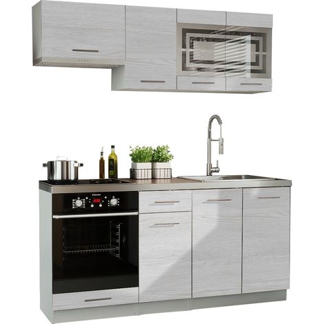 Dusine – Cuisine complète GIOVANNA 6 éléments – Bois blanchi 1m80 – Portes vitrées – Mélaminé certifié FSC – Poignées métalliques lourdes (1/2)