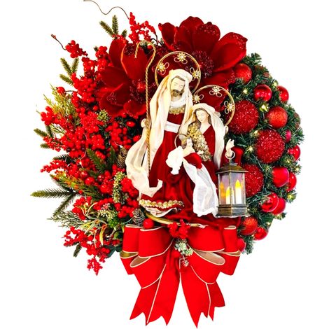 Corona navideña para la puerta principal con bolas decorativas rojas y motivo floral. (1/5)