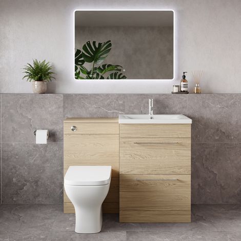 Napoli 460 Light Oak 1100mm 2 Drawer Vanity Unit Toilet Suite with Glide Basin - 1100mm - Chrome 320mm HandleWith Kingston Toilet Pan and Seat