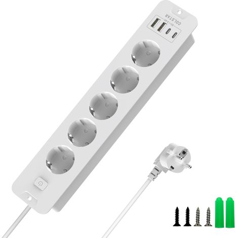 Multiprise escamotable 5 prises avec 4 ports USB (2 USB-C, 2 USB-A), 16 A, câble de 2 m, interrupteur d'économie d'énergie, multiprise invisible encastrée pour bureau propre, blanche (1/5)