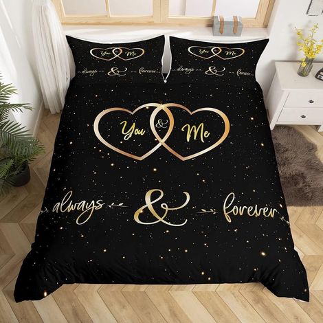 Parure de Lit 220x240cm Toi et Moi Parure Housse de Couette pour Couple Amoureux Hommes Femmes Funny Quotes Housse de Couette Or et Noir Mariage Romantique Thème Respirant Room Decor (1/5)