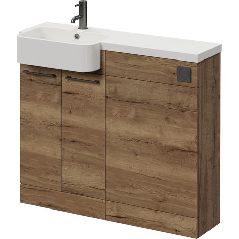 Napoli 250 Tobacco Oak 1000mm 2 Door Vanity Unit Toilet Suite with Left Hand Round Rico Semi Recessed Basin - 1000mm - Gunmetal Grey 160mm HandleWithout Kingston Toilet Pan