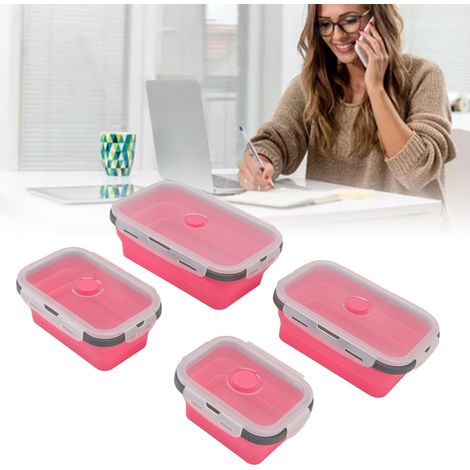 Ensemble de quatre boîtes à lunch pliables en silicone, boîte bento compatible micro-ondes, boîte à lunch portable, rose rouge. (1/5)
