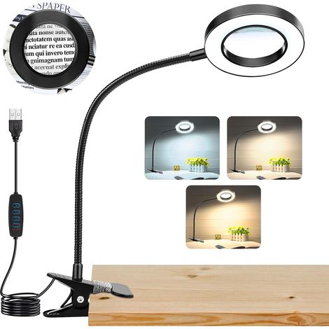 Clip luminosa a LED da tavolo con lente d'ingrandimento, 3 modalità di luminosità regolabile, ideale per letto, lavoro, artigianato e fai da te, colore nero, 1 pezzo. (1/5)