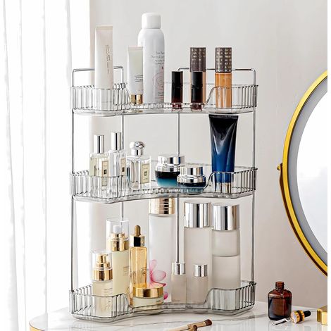 Plateau d'angle pour maquillage à 3 niveaux en acrylique pour rouge à lèvres, soin des ongles, parfum, pinceau, coiffeuse, chambre à coucher, cuisine, salle de bain (gris) (1/5)