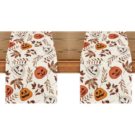 Camino de mesa de Halloween, decoración de mesa para el hogar y fiestas, 33 x 183 cm, estampado de calabazas y hojas de Halloween (2 piezas) (1/5)