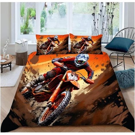 Housse de Couette 90x190 Moto Parure de Lit Style Sportif Imprimée 3D Microfibre Literie Set 3 Pièces avec Housses Couettes - DZD (1/4)