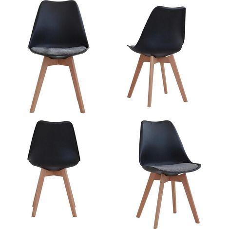 Esszimmerstuhl 4er-Set, skandinavisch, Massivholzbeine, gestreiftes Sitzkissen, schwarz (1/5)