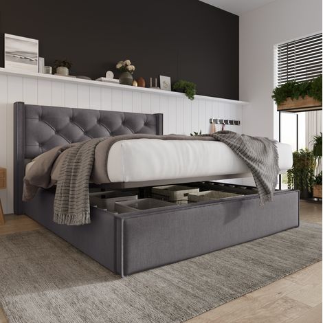 Doppelbett 140x200 cm Grau aus Baumwolle und Holz mit Stauraum und hochklappbarem Lattenrost (1/5)