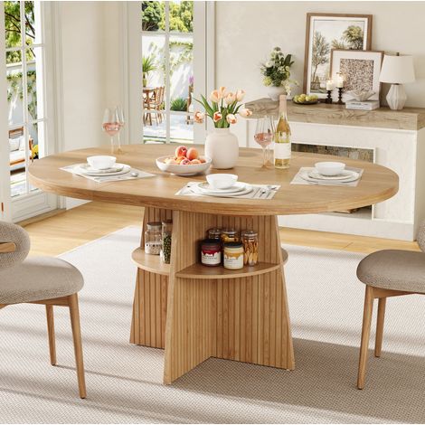 Mesa de comedor redonda extensible 110-150x110x77,5 cm, para 2 a 8 personas, con almacenamiento, MDF - natural (1/5)