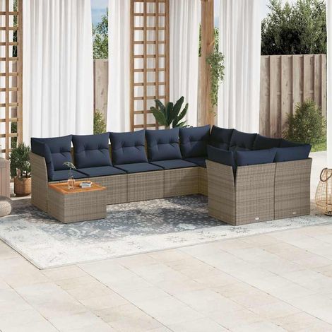 Set de sofás de jardín 10 pzas con cojines ratán sintético gris vidaXL (1/5)