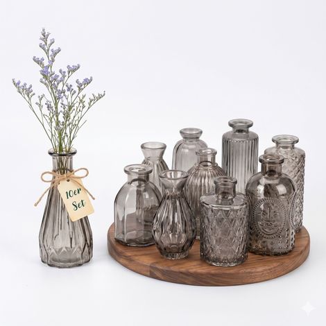 Relaxdays Vasi, set da 10, vetro strutturato, design vintage, altezza: 10-14,7 cm, piccoli vasi decorativi, grigio