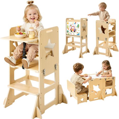 VEVOR Torre de Aprendizaje Montessori para Niños de Madera Convertible, Juego de Mesa y Sillas Infantiles 6 en 1, Taburete de Cocina Infantil, con Correa de Seguridad Pizarra, para Comer Jugar Dibujar (1/5)