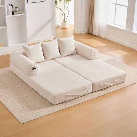 Canapé-Lit coloris beige cadre métal robuste 3 coussins poches latérales configuration lounge modulable (1/2)