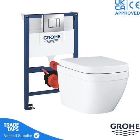 GROHE EURO Rimless Wall Hung Toilet Pan with 0.82m Concealed Cistern Frame Dual Flush Plate - Chrome