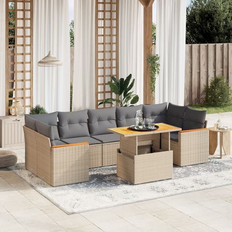 Ensemble Salon Jardin 8 Places Résine Tressée Beige avec Coussins Gris - Table Réglable Hauteur et Mobilier Modulaire Extérieur (1/3)