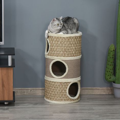 Arbre à gratter pour chats 70 cm haut, Ø37, 5 cm, 3 niveaux corde sisal, grotte moelleuse, couleur kaki et café (1/4)