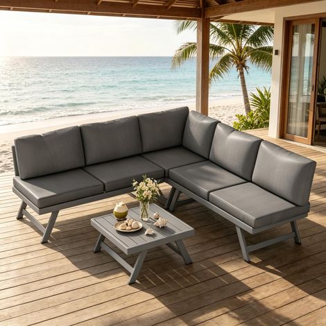 Set da giardino angolare 115x61x65 cm, 5 posti, con tavolino, funzione reclinabile, struttura in acciaio e alluminio grigio (1/5)