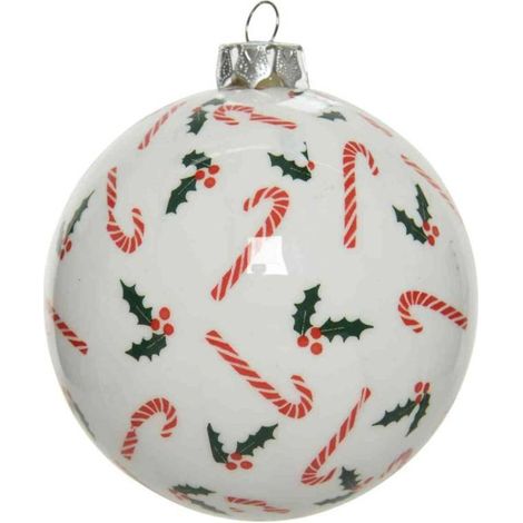 PALLA DI NATALE D 8 CM DECORO BASTONCINI E AGRIFOGLIO