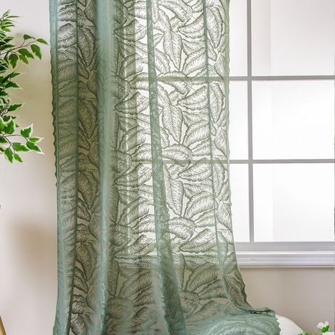 Voilage vert en dentelle style rétro – motif feuilles – 140×200 cm – filtration douce de la lumière – pour salon et chambre (1/5)
