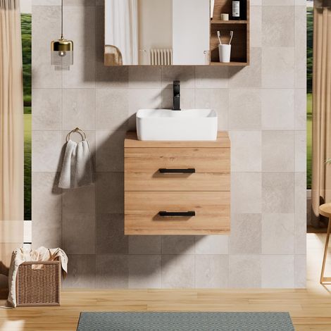 UEV Mobile Bagno 60CM con Lavabo in Stile Rustico,Lavandino con Mobiletto da Parete, Mobiletto Bagno Sospeso Impermeabile e Resistente, Naturale