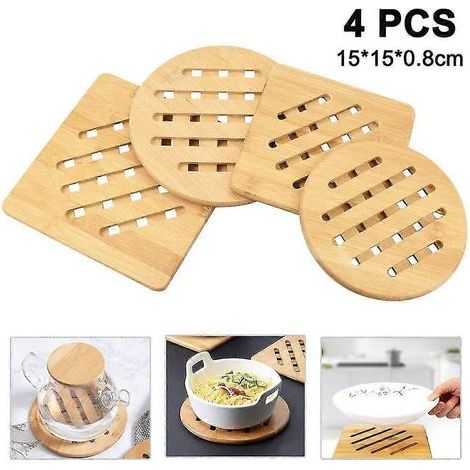 Lot de 4 dessous de plat carrés et ronds en bambou naturel lavable et résistant à la chaleur, avec égouttoir, pour bols, casseroles et assiettes de cuisine. (1/5)