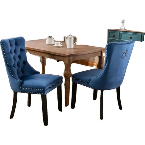 Chaise de salle à manger, Tissu en velours, Pieds en bois massif, CQY-bleu (1/2)