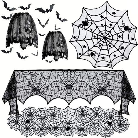 Nappe Halloween - Nappe Rectangulaire Et Ronde En Dentelle - Abat-Jour Araignée - Housses Cheminée - Autocollants Chauve-Souris 3D - Lot De 5 Pièces (1/5)