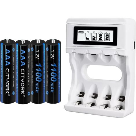 Batería recargable AAA, capacidad de 1100 mAh, certificación CE, 4 baterías AAA, 1 cargador (1/2)