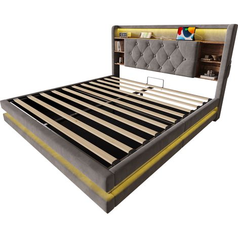 Cama canapé 140 x 200 cm de terciopelo gris oscuro con cabecero multimedia LED USB-C (1/5)