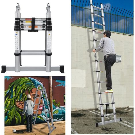 Échelle en A 11 marches, 3,8m télescopique (2×1,9m), aluminium, marche 4cm, anti-dérapant, charge 150kg