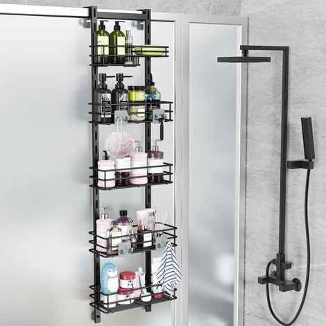 Étagère de douche réglable à suspendre sur la porte - Antirouille avec crochet - Support pour shampooing - Étagère de salle de bain avec porte-savon - Panier de douche avec ventouse - Taille (1/5)