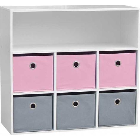 Commode enfant 7 cases – L 76.5 cm x P 29.5 cm x H 70 cm – Couleur gris et rose – Montage facile – Wadiga (1/5)