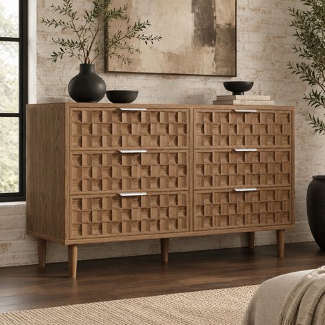 Kommode 120 x 37 x 77 cm mit 6 Schubladen, Eiche-Dekor, Metallgriffe, Mid-Century OKMYHOME (1/5)