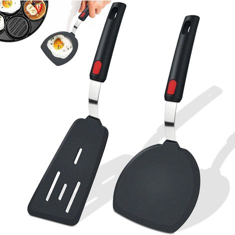 2 Pièces Spatule Cuisine, Thermorésistante Spatule Silicone pour Œufs Au Plat, Crêpes, Poissons, Hamburgers, Steaks Et Autres Plats (Noir) (1/5)