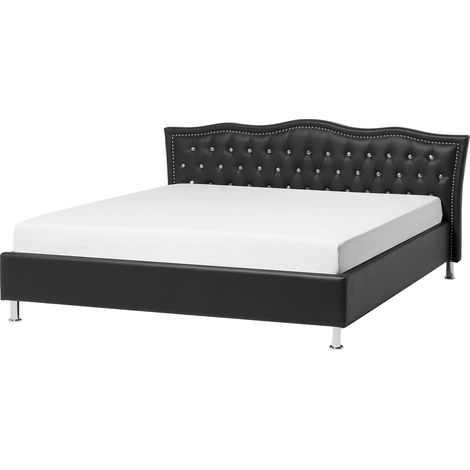 Cama con somier de piel sintética negro plateado 160 x 200 cm cabecero botones Metz