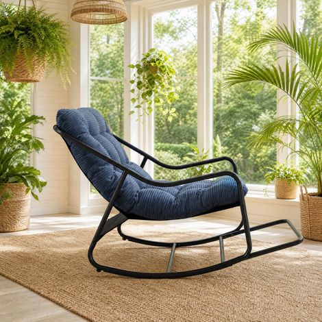 Sedia a dondolo 75x116x82 cm in metallo nero e blu navy, moderna per soggiorno FloraGrace (1/5)
