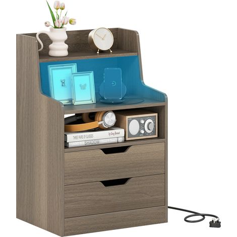 COSTWAY LED Nightstand with Charging Station 2-Drawer Bedside Table-Grey (1/5)