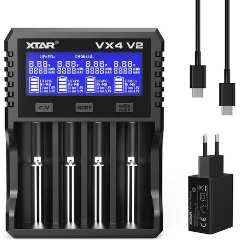 Xtar VX4 Mélangeur Visible 1,5 V/3,6 V/3,7 V Li-ION 3,2 V LiFePO4 Batteries NI-MH 1,2 V Chargeur et testeur de capacité de la Batterie, Le Premier testeur de capacité pour Batteries au Lithium (1/5)