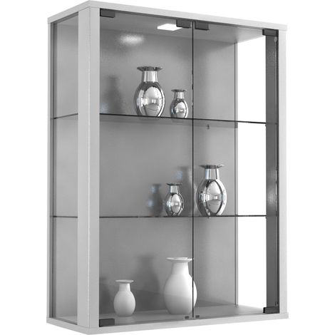 Udina Vitrinenschrank wandhängend mit 2 Glastüren und Licht Silberfarbig.