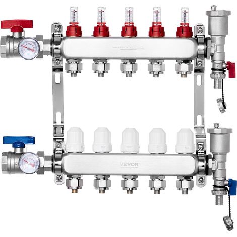 Collecteur de Chauffage Radiant 5 Branches, Kit Collecteur Tubes PEX 1,27 cm en Acier Inoxydable, avec Adaptateurs 1,27 cm, Accessoires de Montage, pour Chaleur Radiante Hydronique par le Sol (1/5)